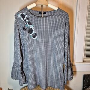Simply Be Gingham Ruffle Blouse Womens Sz 22 Floral Embroidery Elegant Feminine